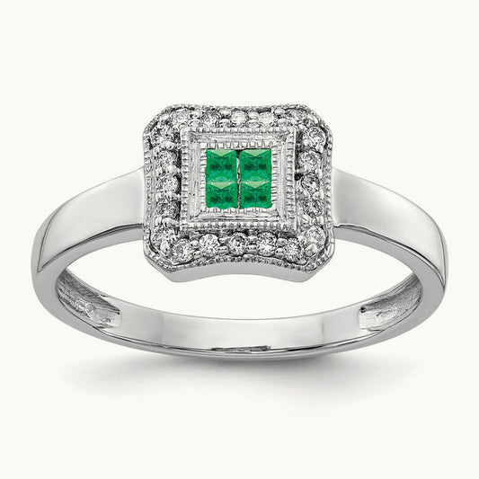 Square Design Emerald and Diamond Ring, 14K White Gold