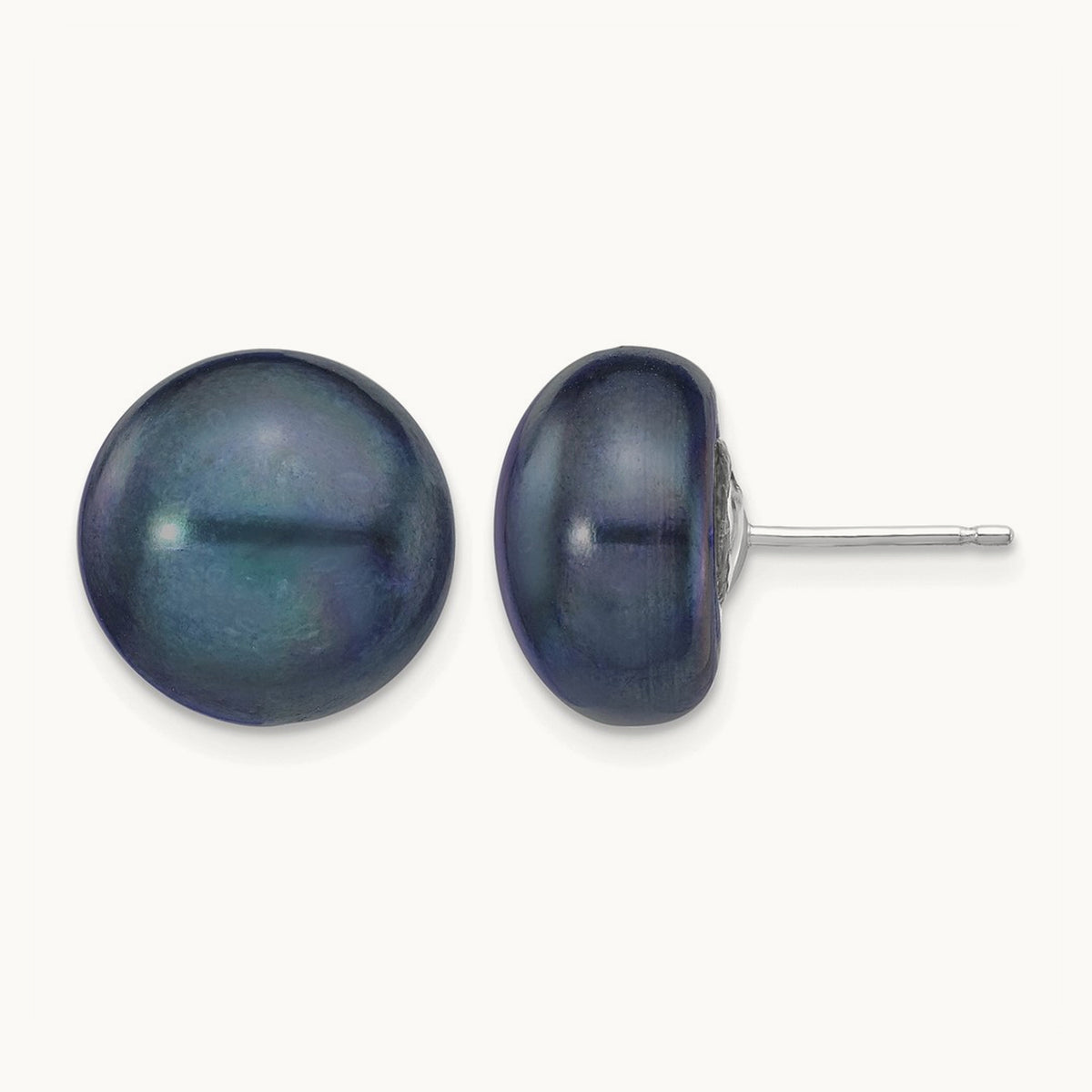 Black Button Freshwater Cultured Pearl Stud Post Earrings — 14K White Gold