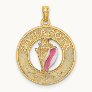 SARASOTA Circle w/ Enamel Conch Shell Charm, 14K
