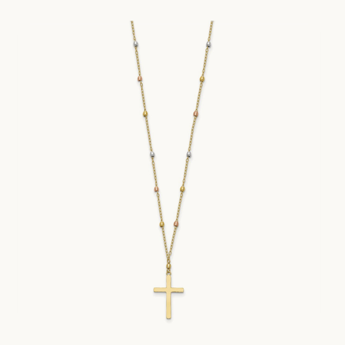 Tri Colored Gold Diamond Cut Beaded Cross Necklace, 14K