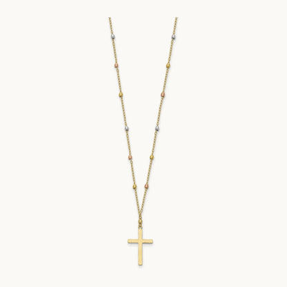 Tri Colored Gold Diamond Cut Beaded Cross Necklace, 14K