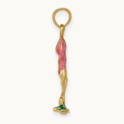 Enameled Flamingo Pendant, 14K