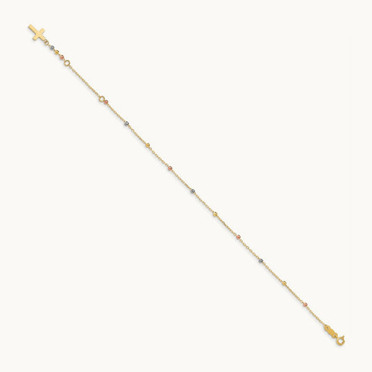 Tri Colored Gold Diamond Cut Beaded Cross W/1 IN Ext Bracelet, 14K