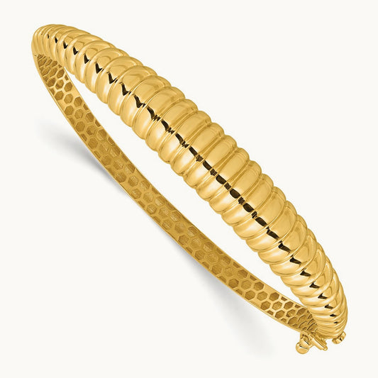 Polished and Textured Graduated Hinged Bangle, 14K