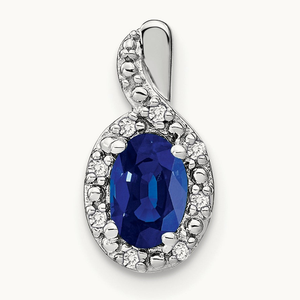 Oval Sapphire and Diamond Halo Pendant — 14K White Gold