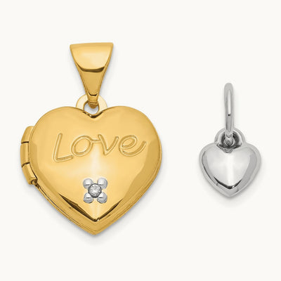 Two-toned Diamond LOVE w/Heart Charm Heart Locket, 12mm, 14K