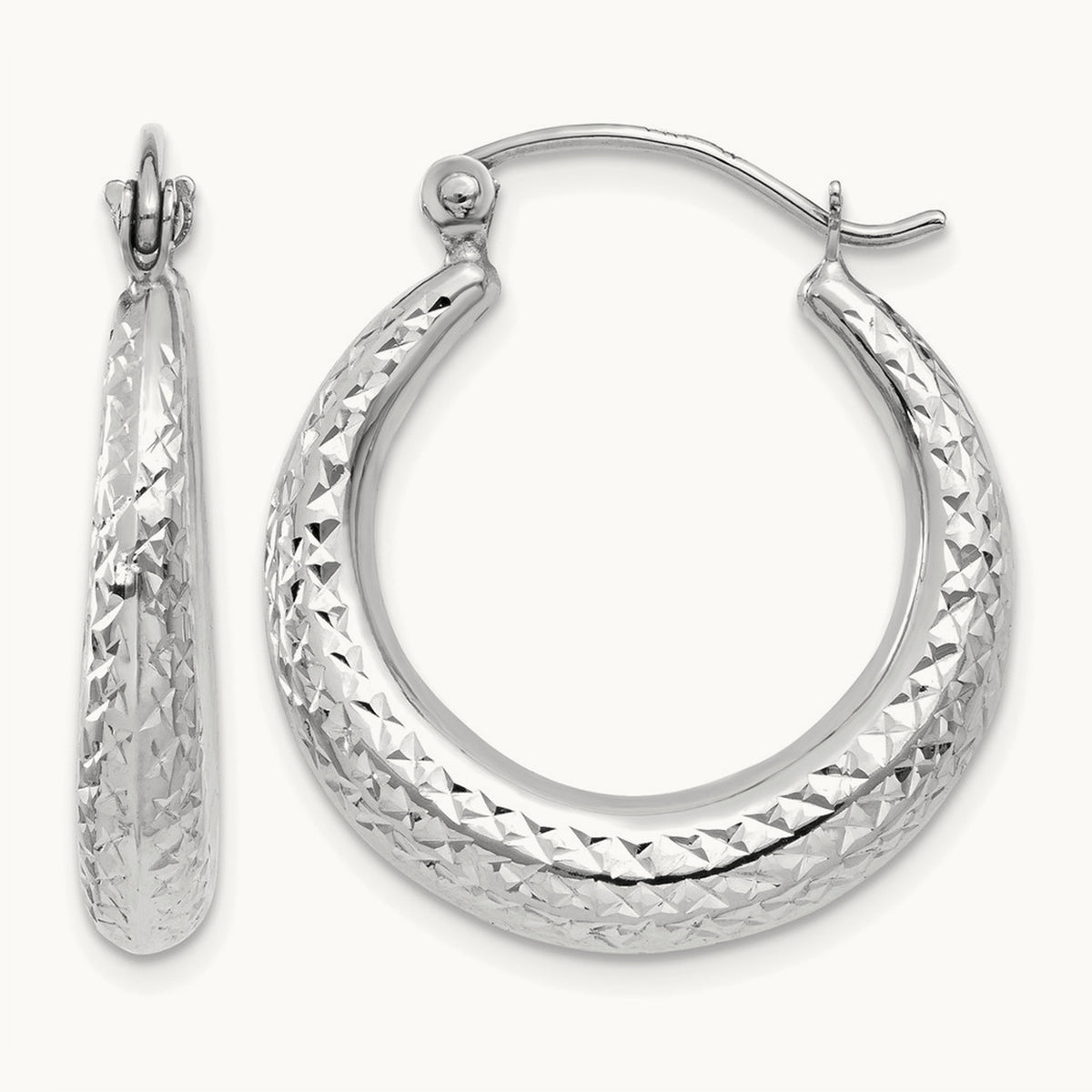 Diamond Cut Hollow Hoop Earrings — 14K White Gold
