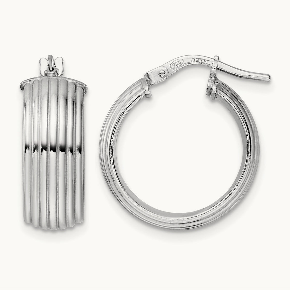 Rhod-plated Polished Grooved Hoop Earrings, Sterling Silver — Leslie's