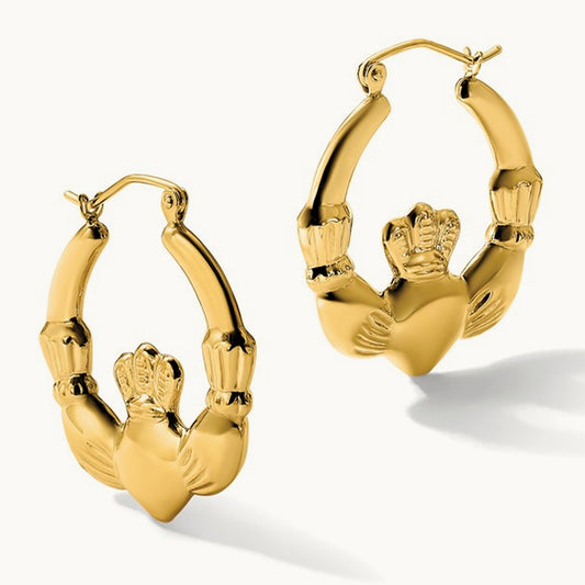 Polished Claddagh Hoop Earrings, 14K