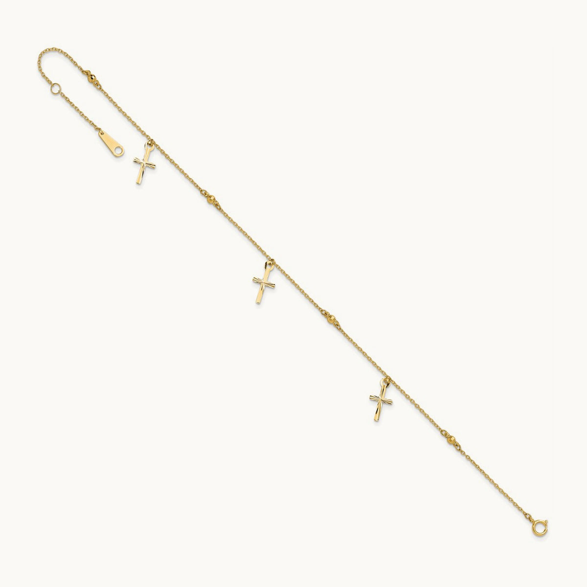 Polished and Diamond-cut Cross 9in Plus 1in extension Anklet — 14K Yellow Gold