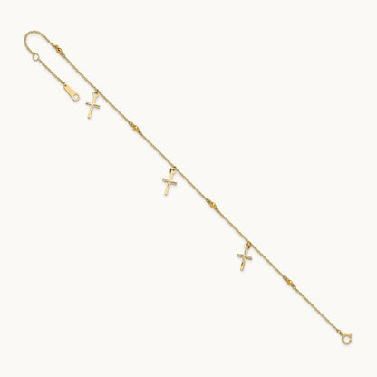 Polished and Diamond-cut Cross 9in Plus 1in extension Anklet — 14K Yellow Gold