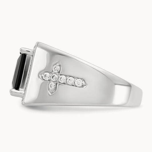 Onyx and Diamond Cross Men's Ring — 14K White Gold