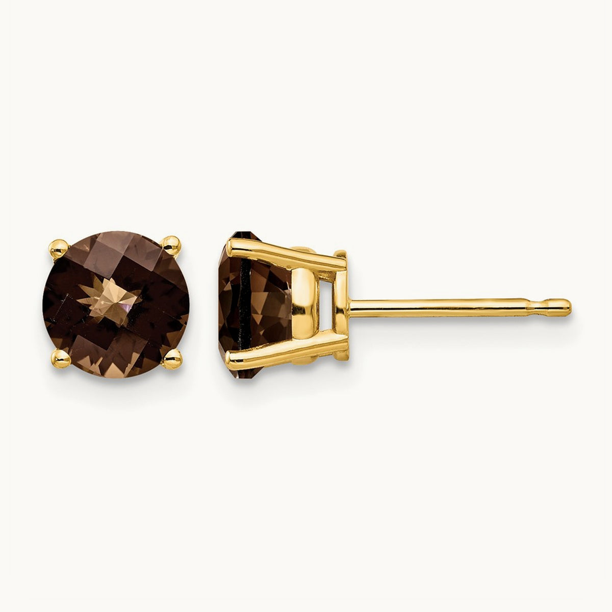 Round Checker-Cut Smoky Quartz Earrings, 6mm, 14K