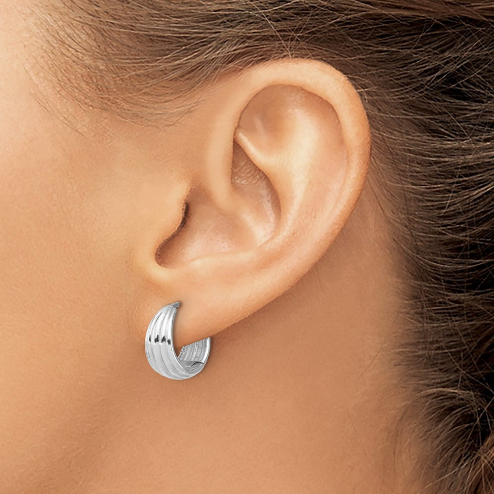 Polished/Grooved Round Huggie Hoop Earrings — 14K White Gold