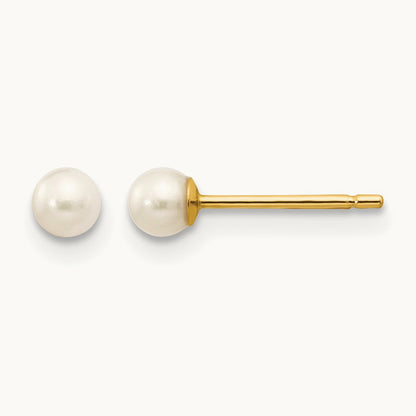 3- White Round Freshwater Cultured Pearl Stud Post Earrings, 4mm, 14K