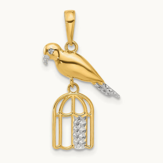 D/C Bird on Bird Cage Pendant, 14K with White Rhodium