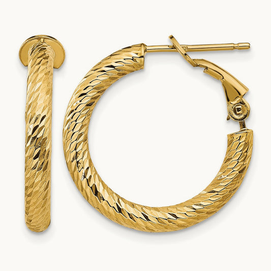 3x21mm Polished Diamond-cut Round Omega Back Hoop Earrings, 14K
