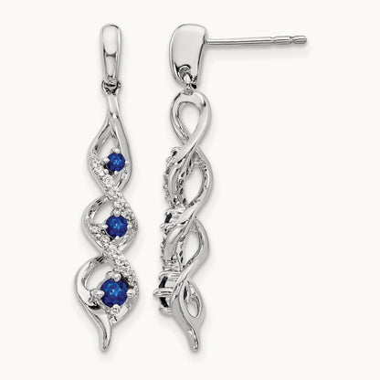 Diamond and Blue Sapphire Post Dangle Earrings, 14K White Gold