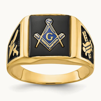 Men's Polished and Textured with Black Enamel & Onyx Masonic Ring, 14K