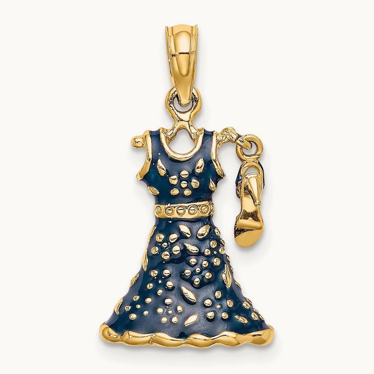 3-D Moveable Enamel Blue Floral Dress w/ Shoe Charm, 14K
