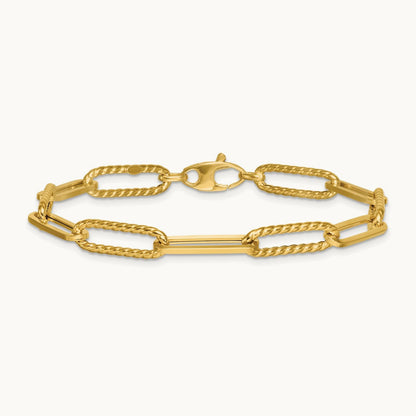 Polished and Textured 7.5in Paperclip Link Bracelet, 14K