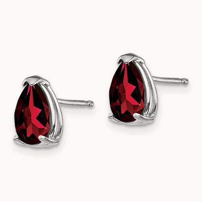 Garnet Pear Stud Earrings, 14K White Gold