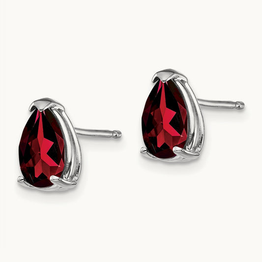 Garnet Pear Stud Earrings, 14K White Gold