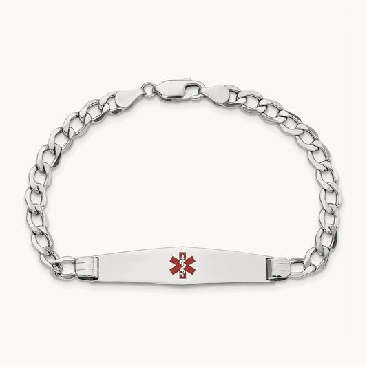 WG Semi-Solid Medical Soft Diamond Shape Red Enamel Curb ID Bracelet, 14K
