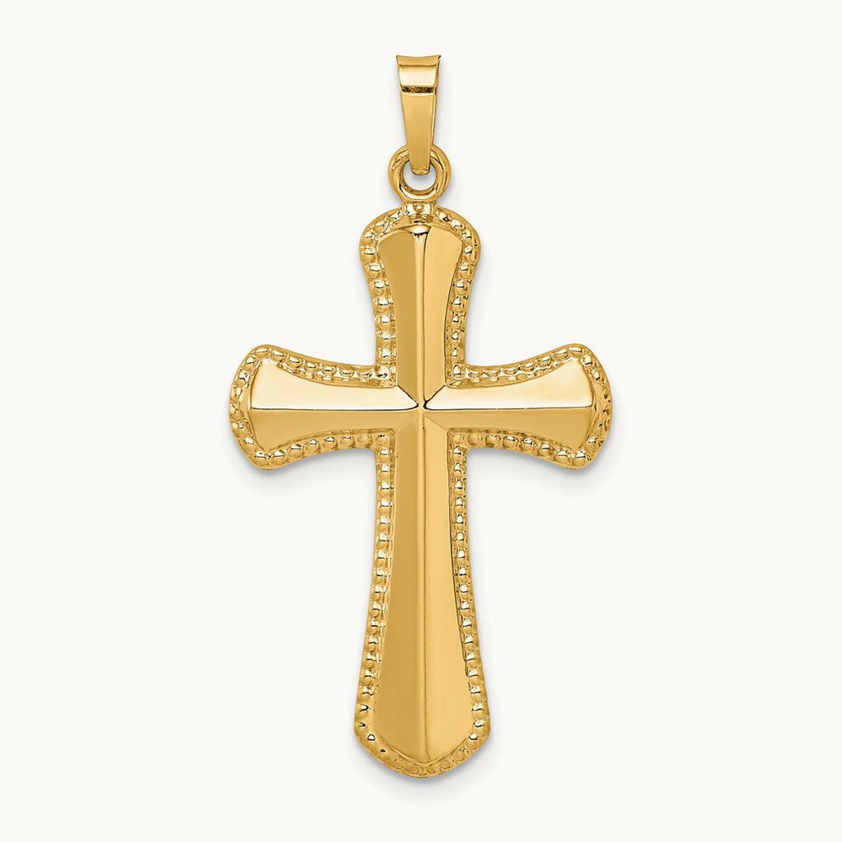 Hollow Polished Beaded Edge Cross — 14K Yellow Gold