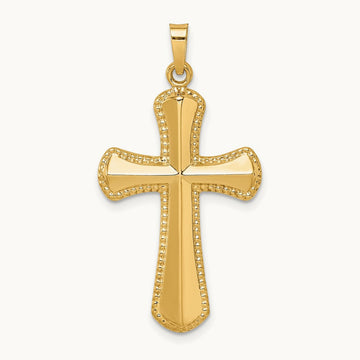 Hollow Polished Beaded Edge Cross — 14K Yellow Gold