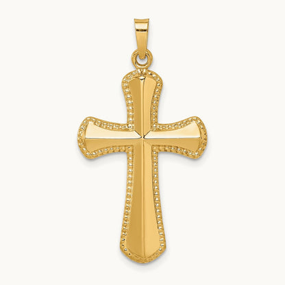 Hollow Polished Beaded Edge Cross — 14K Yellow Gold