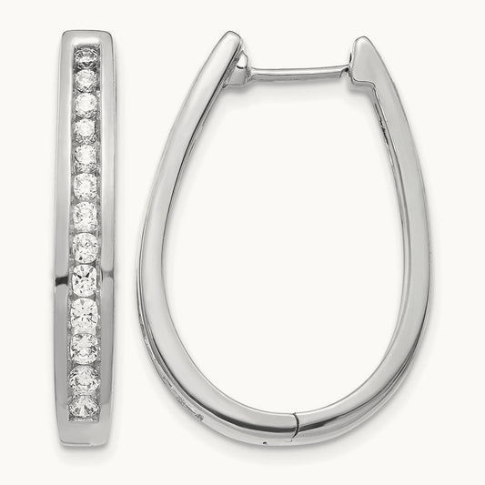 Diamond Oval Hinged Hoop Earrings — 14K White Gold