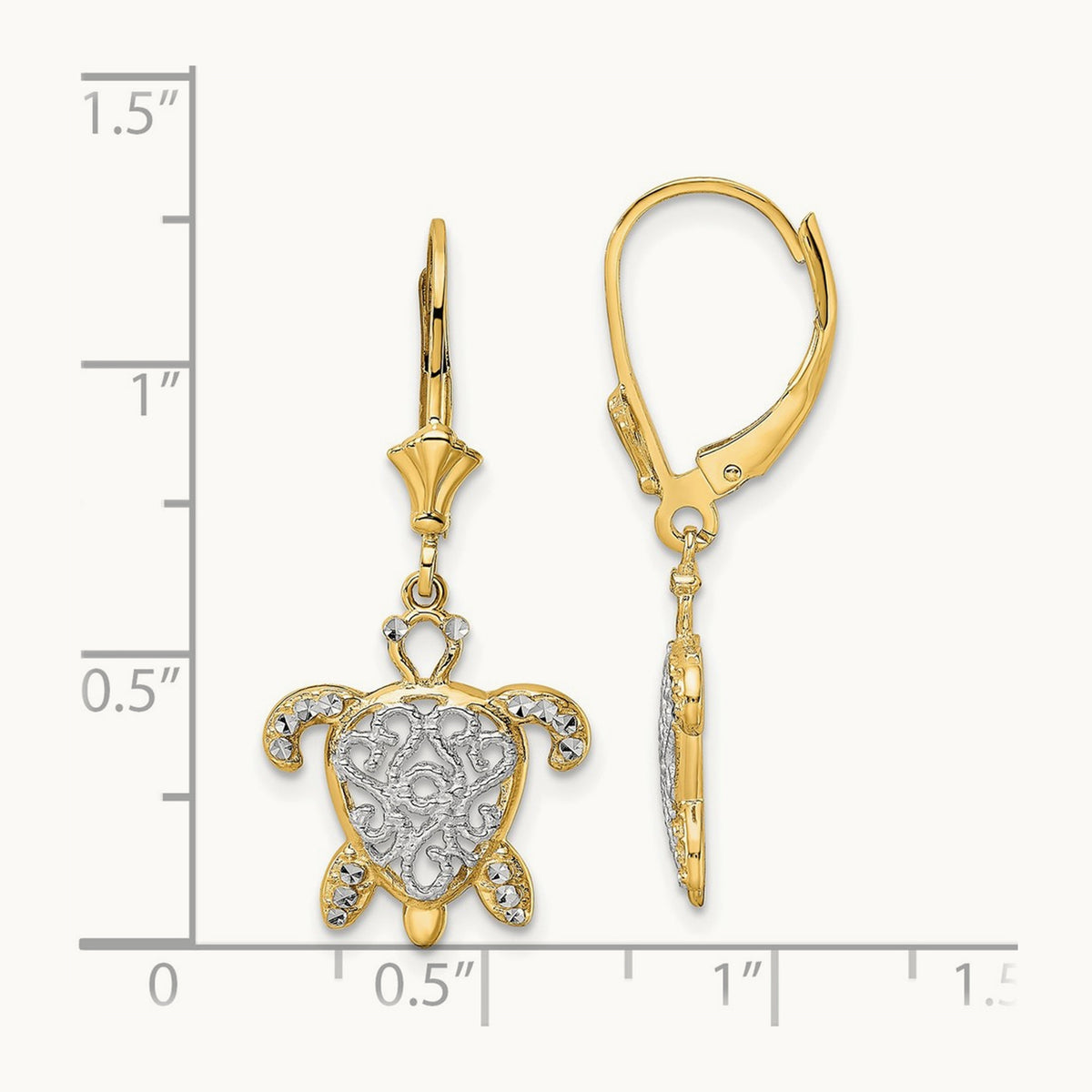 & White Rhodium D/C Filigree Turtle Leverback Earrings, 14K