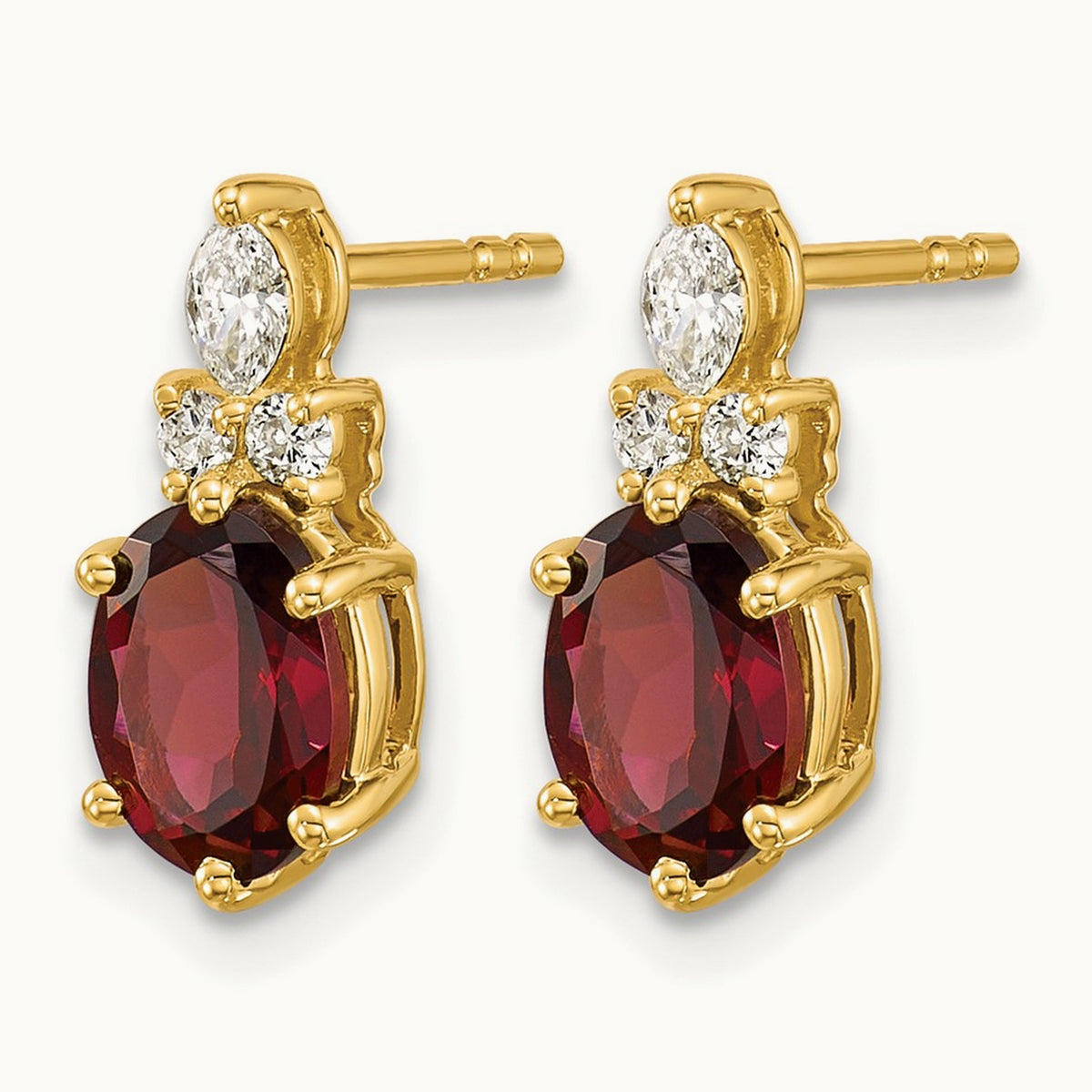 Diamond and Garnet Post Earrings — 14K Yellow Gold