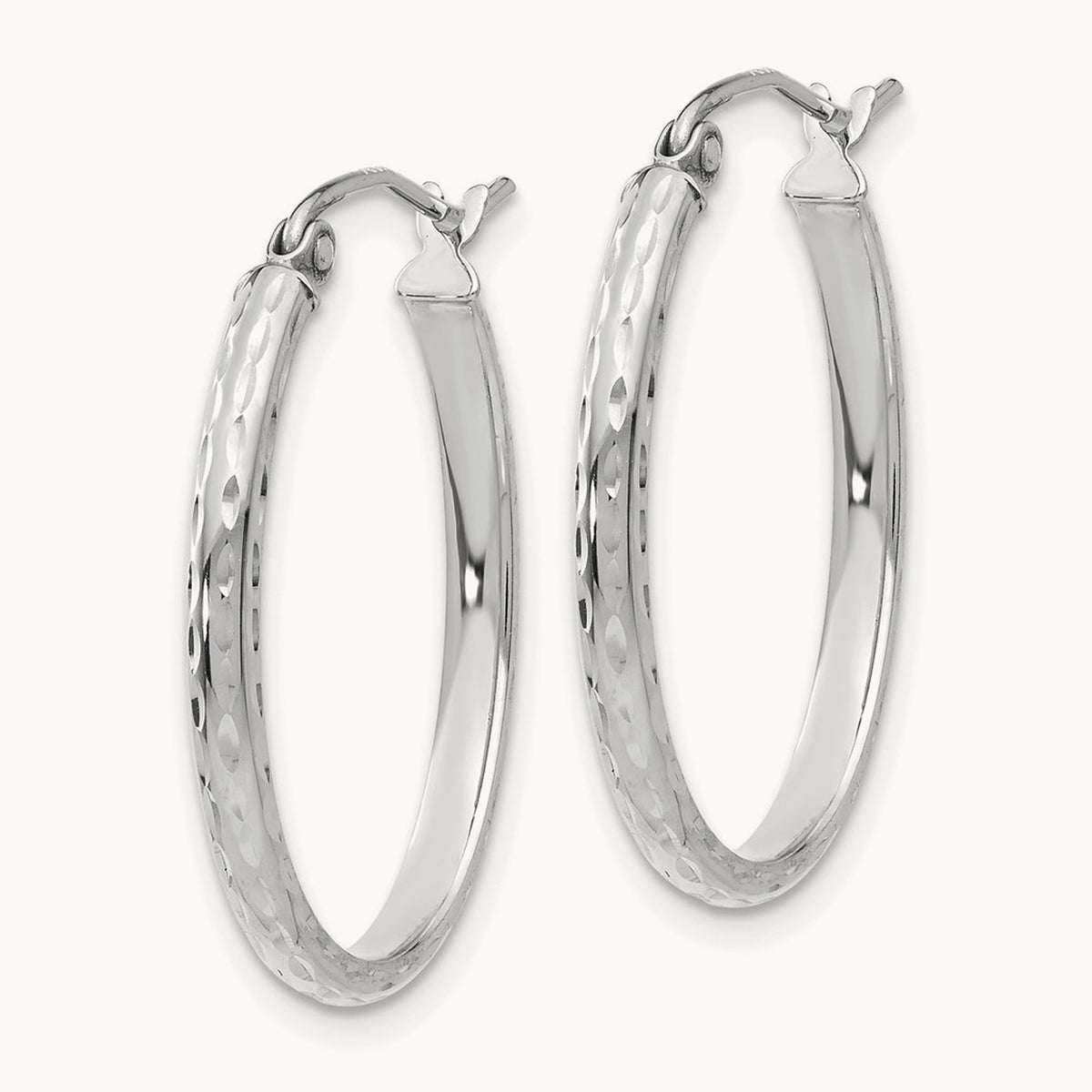Lightweight Diamond-cut Oval Hoop Earrings — 14K White Gold, 20mm