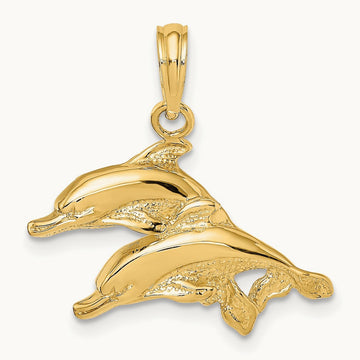 Polished and Textured Two Dolphins Charm, 14K