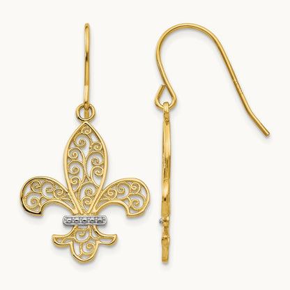 & Rhodium Fleur de lis Shepherd Hook Earrings, 14K