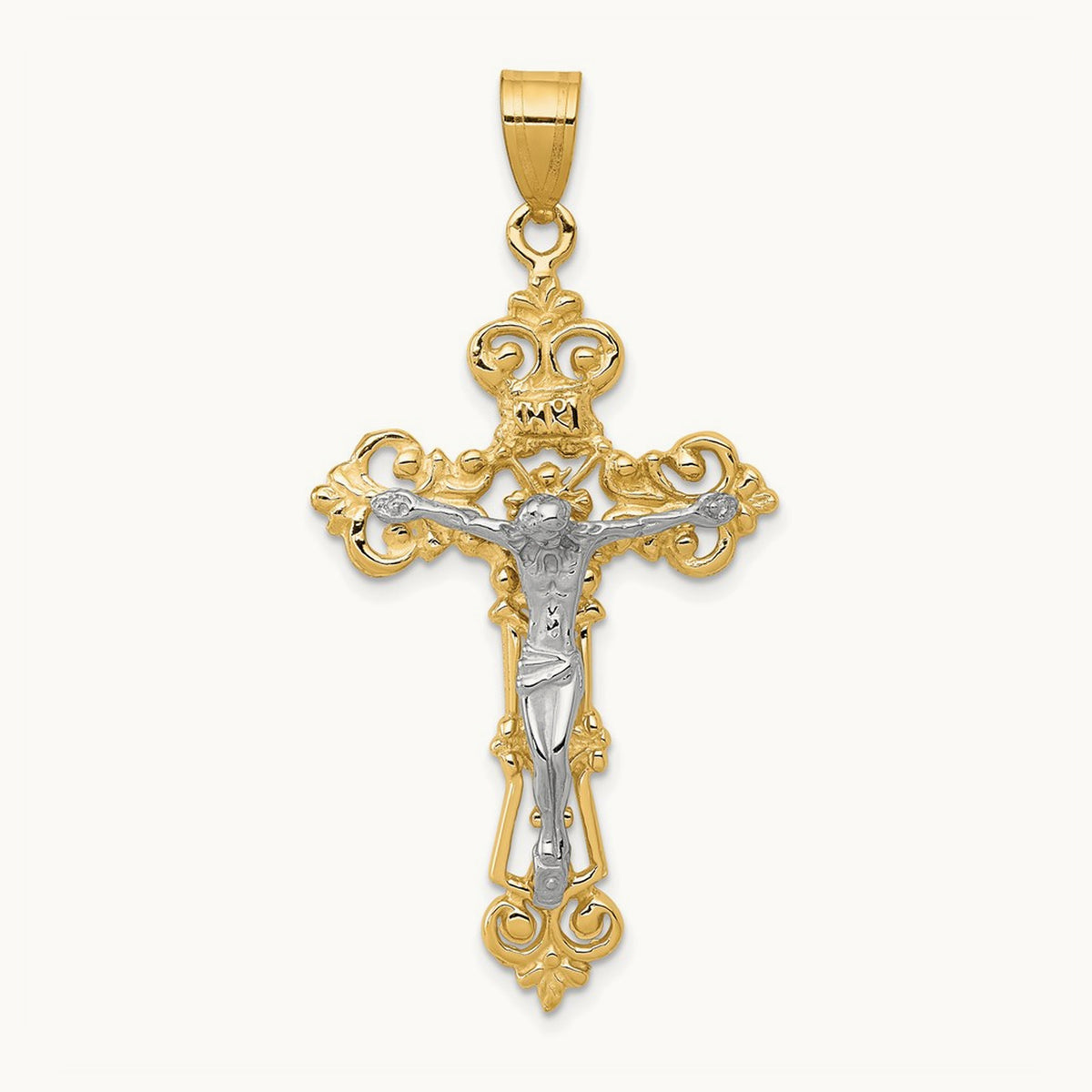 INRI Fleur De Lis Crucifix Pendant — 14K Two-Tone Gold, 47mm