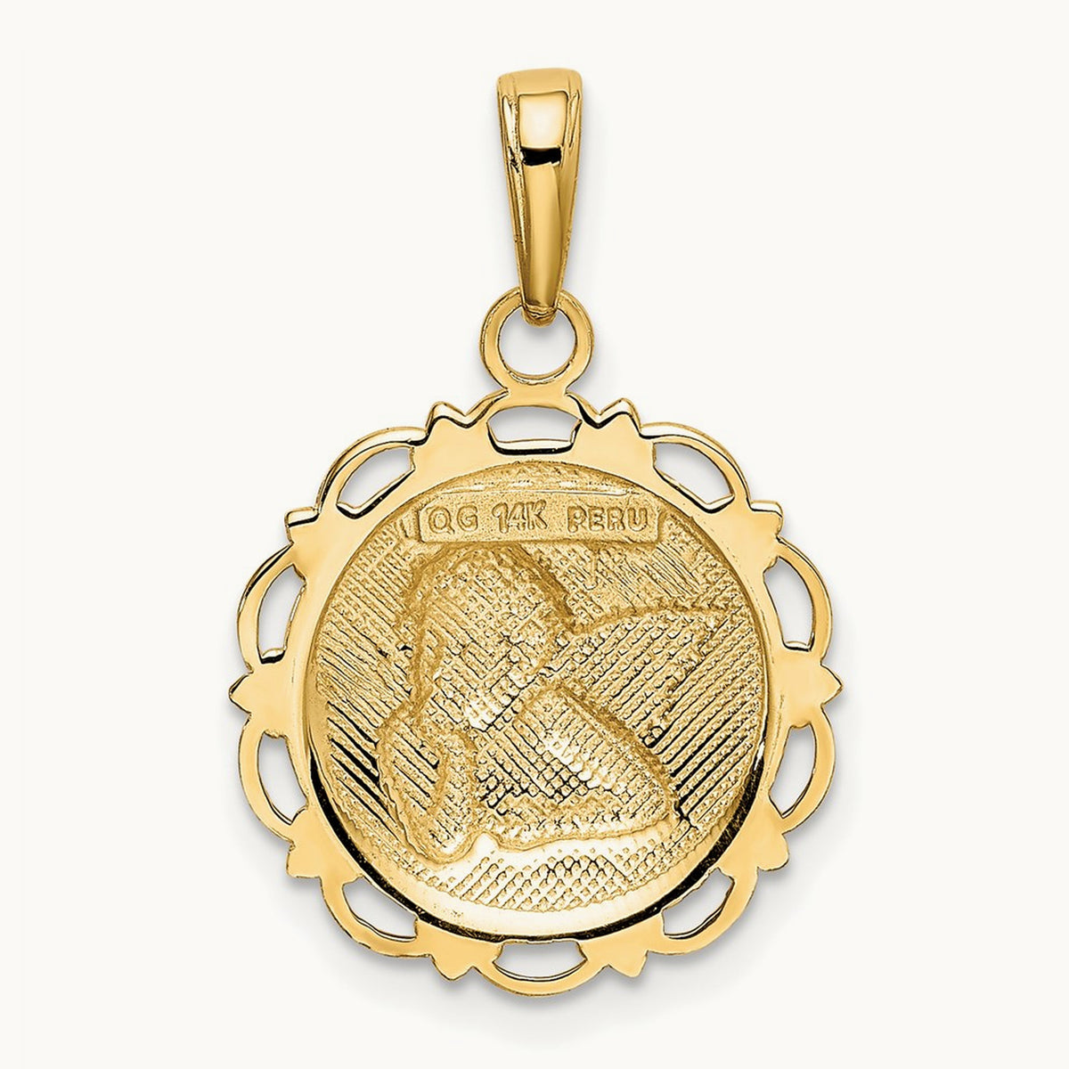 Polished Angel On Round Scallop Frame Pendant — 14K Yellow Gold