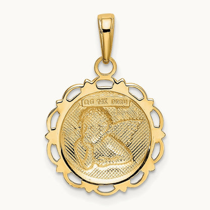 Polished Angel On Round Scallop Frame Pendant — 14K Yellow Gold
