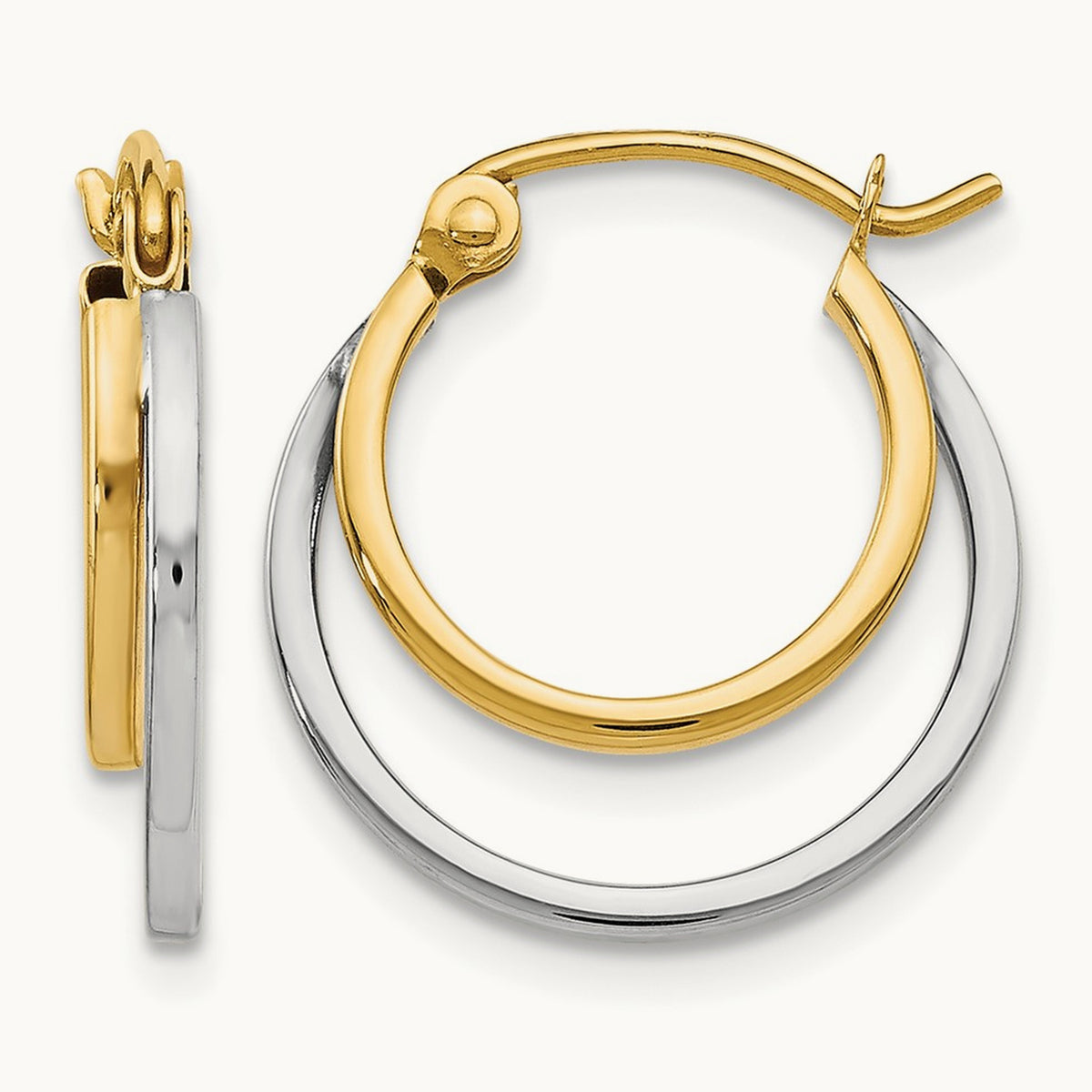 Polished 2 Row Stacked Round Hoop Earrings — 14K Two-Tone Gold