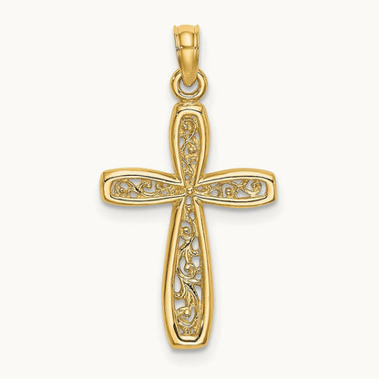 Cross with Filigree Center Charm — 14K Yellow Gold