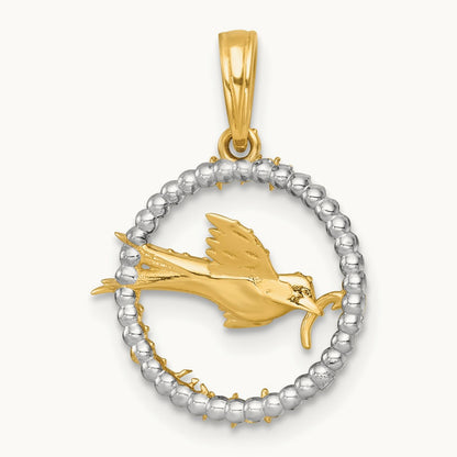 Polished Flying Bird In Circle With Stars Charm, 14K with White Rhodium