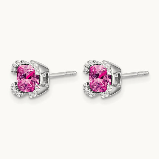 Cushion Created Pink Sapphire and Diamond Earrings, 14K White Gold