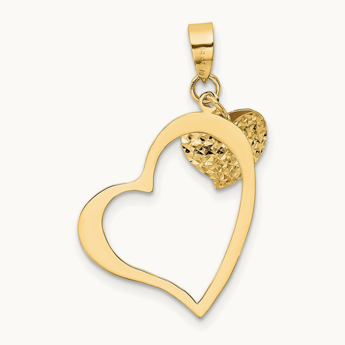Polished and D/C Open and Puffed 3D Heart Pendant, 14K