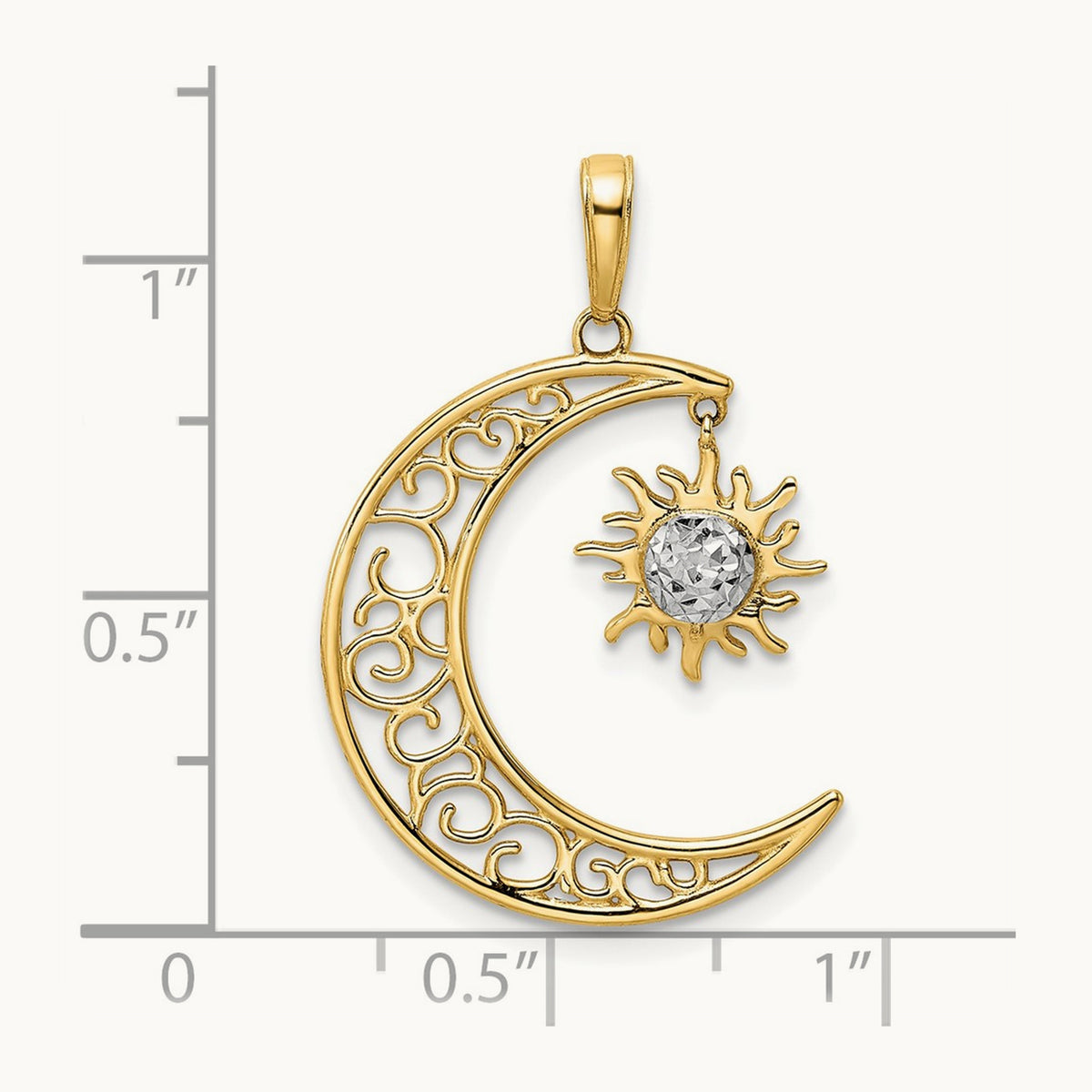 Diamond-cut Moon and Dangle Sun Pendant, 14K with White Rhodium
