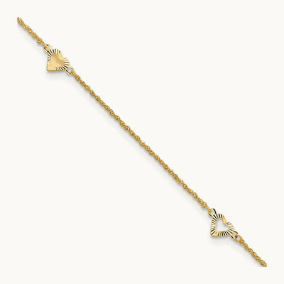 Diamond-cut Hearts 9in Plus 1in extension Anklet — 14K Yellow Gold