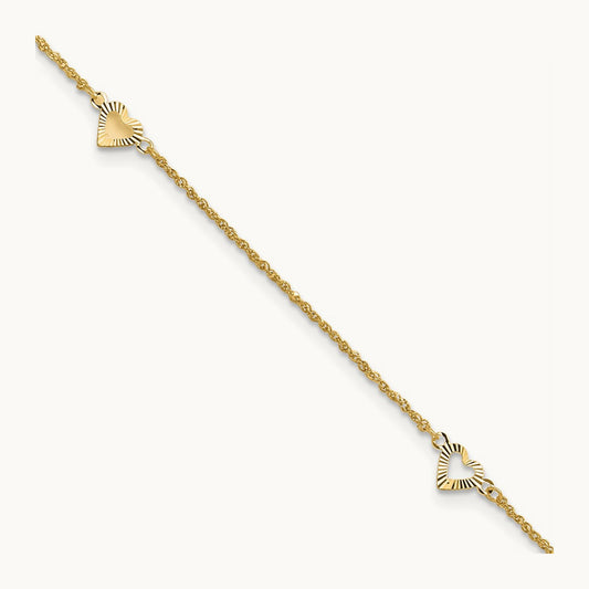 Diamond-cut Hearts 9in Plus 1in extension Anklet — 14K Yellow Gold