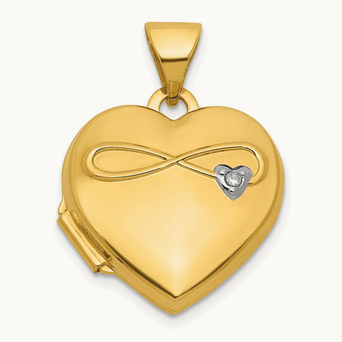 Diamond Polished Infinity Heart Locket, 15mm, 14K