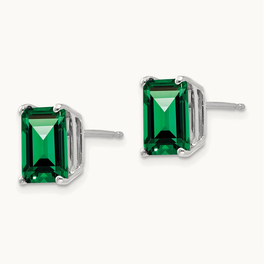 9x7mm Emerald Cut Mount St. Helens Earrings, 14K White Gold